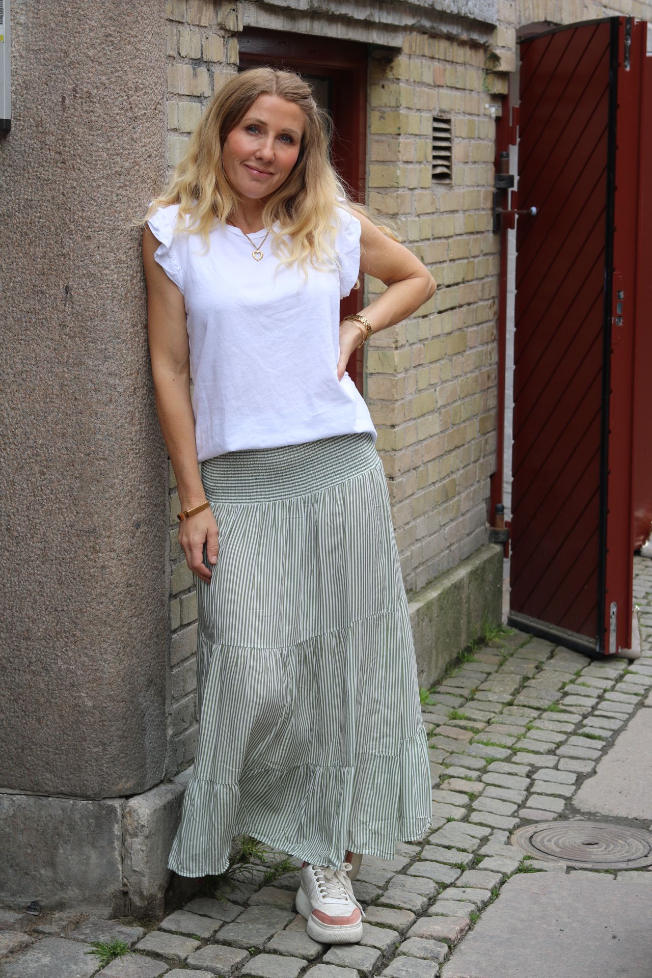 Randig kjol med Smock - Khaki/Vit - Bild 6