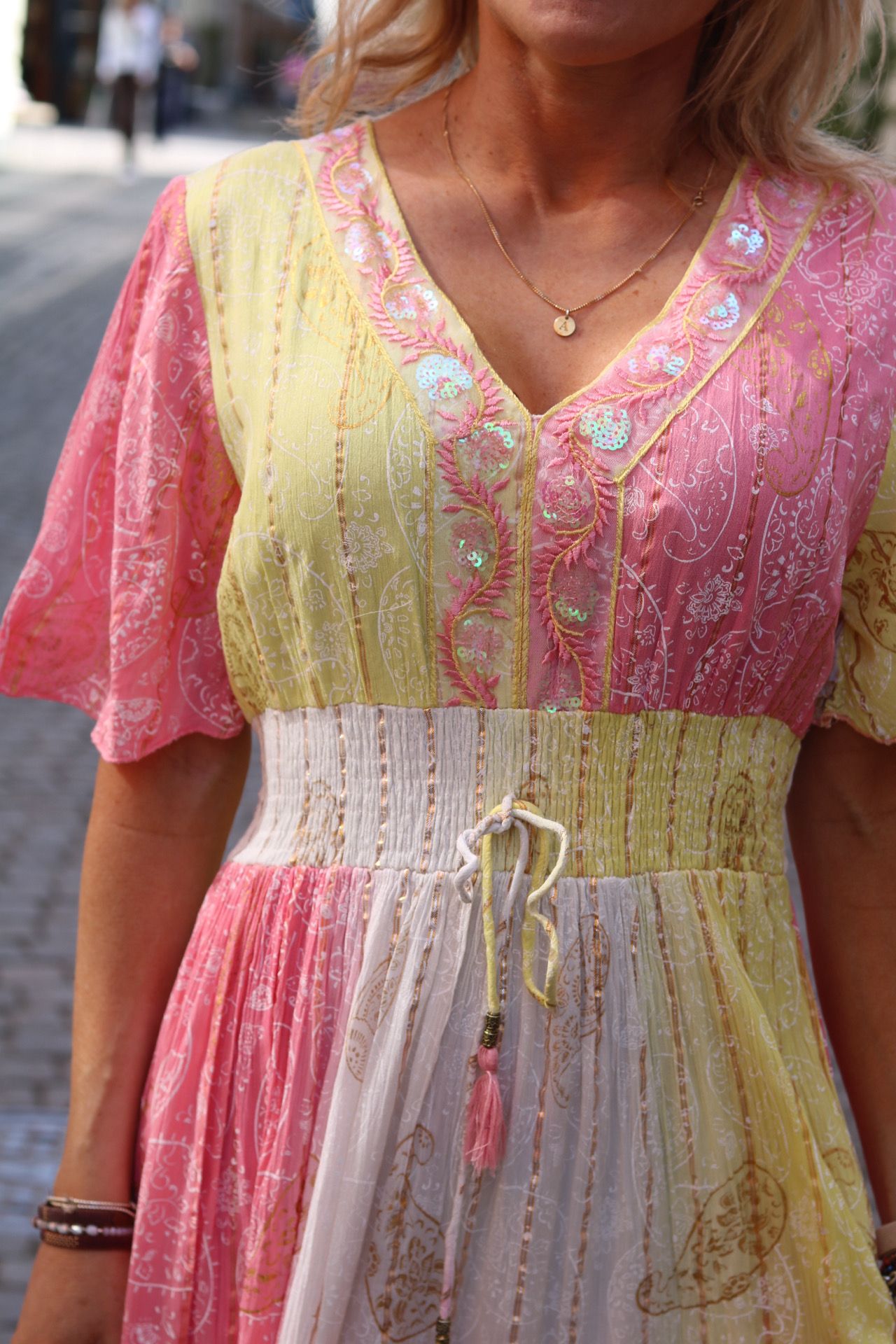 Indie Long Dress - Smock & Embroidery - Yellow/Coral - Image 3