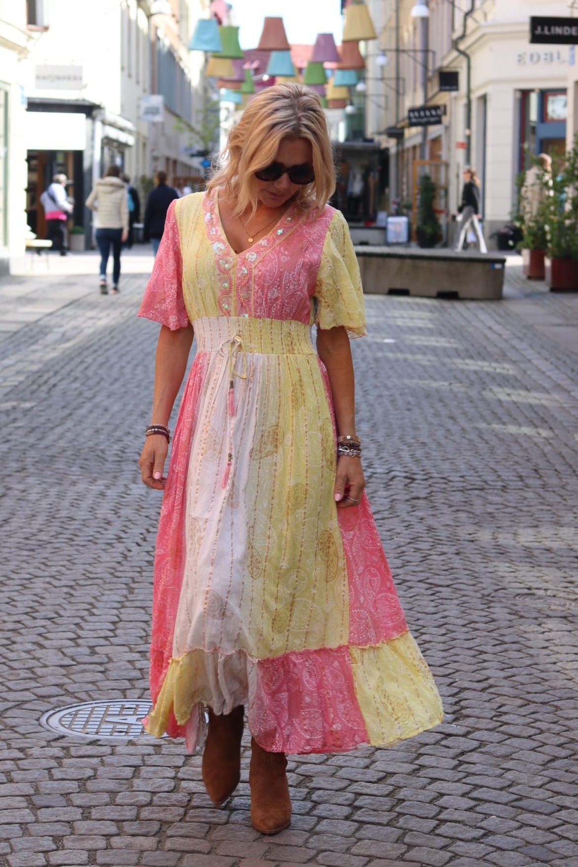 Indie Long Dress - Smock & Embroidery - Yellow/Coral