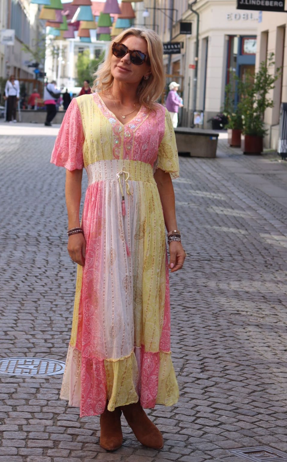 Indie Long Dress - Smock & Embroidery - Yellow/Coral - Image 2