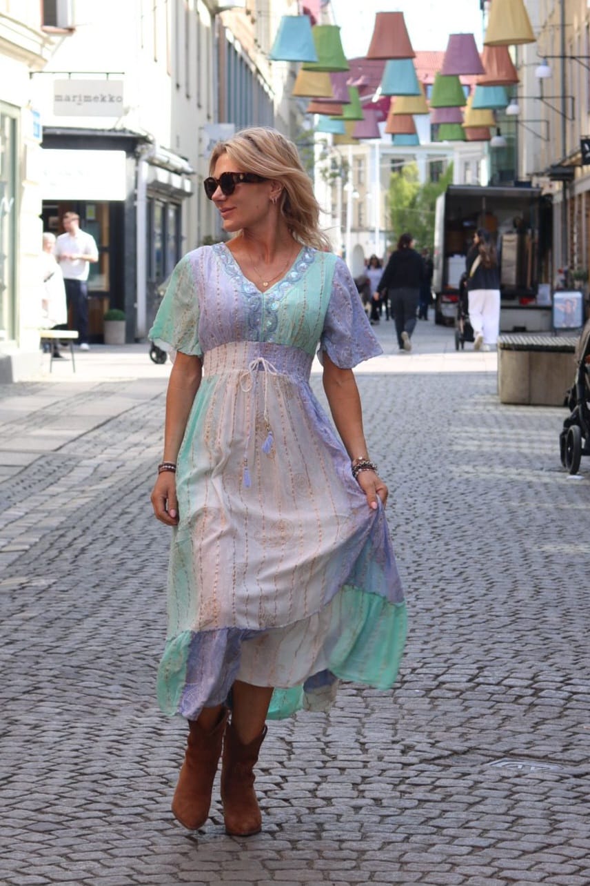 Indie Long Dress - Smock & Embroidery - Blue/Turquoise
