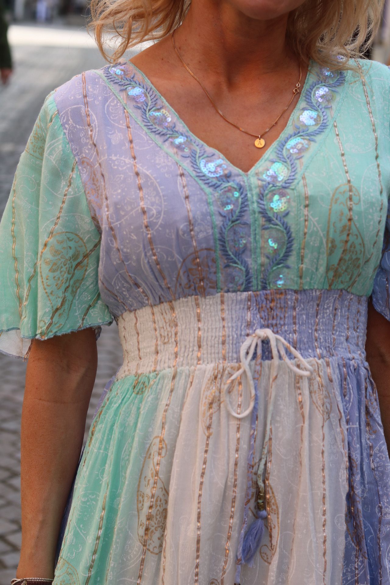Indie Long Dress - Smock & Embroidery - Blue/Turquoise - Image 3