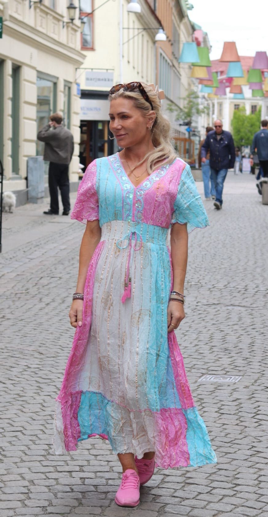 Indie Long Dress - Smock & Embroidery - Pink/Turquoise