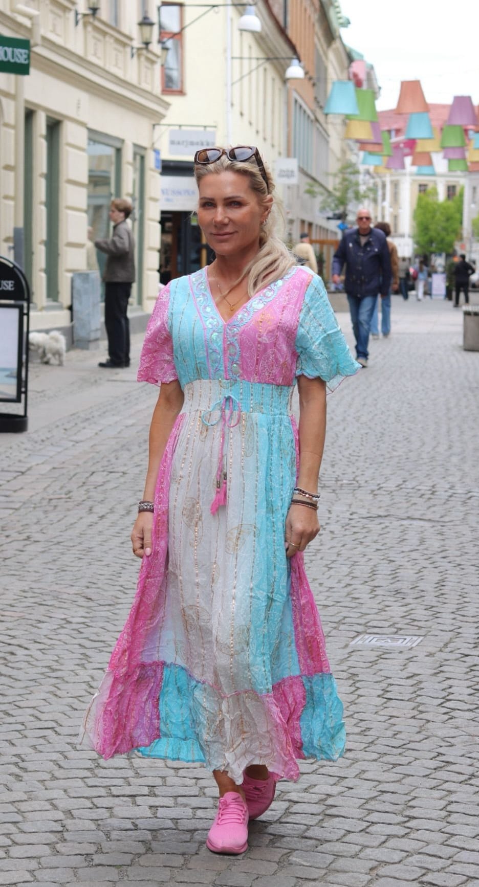 Indie Long Dress - Smock & Embroidery - Pink/Turquoise - Image 4