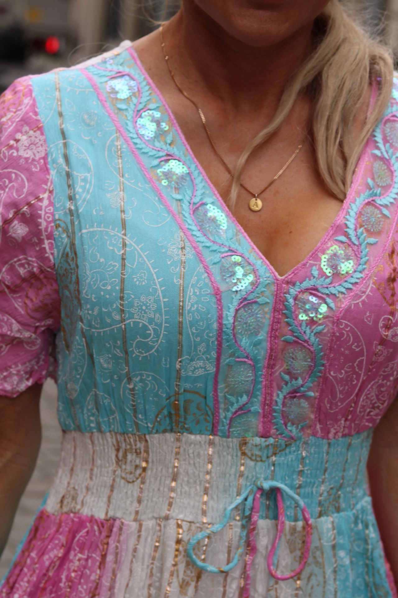 Indie Long Dress - Smock & Embroidery - Pink/Turquoise - Image 2