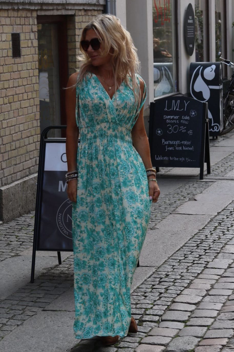 Lång mjukisklänning -1933-A16 - Blommor - Aqua