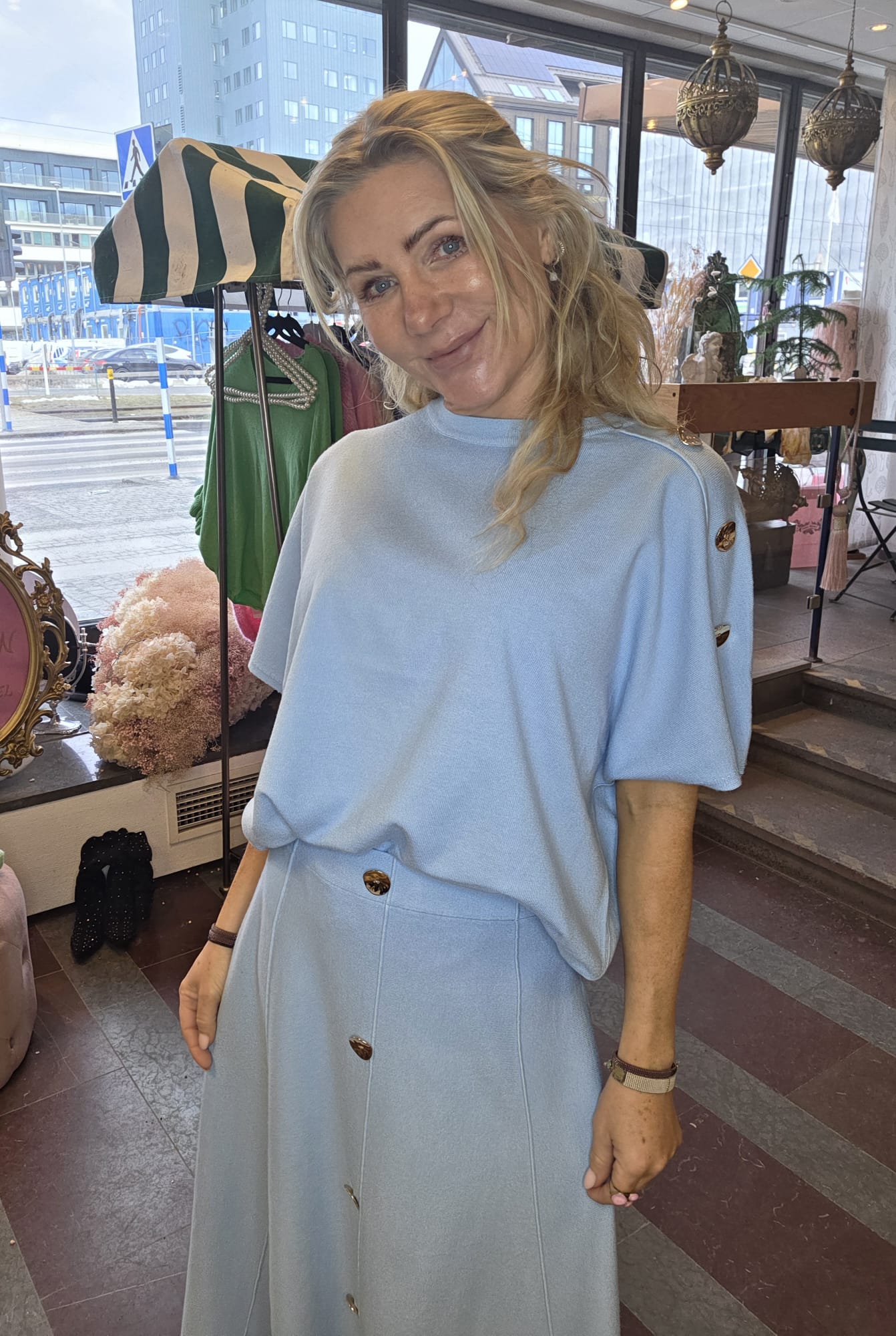 Noelle - Fine knit top with gold buttons -Light Blue - Image 8