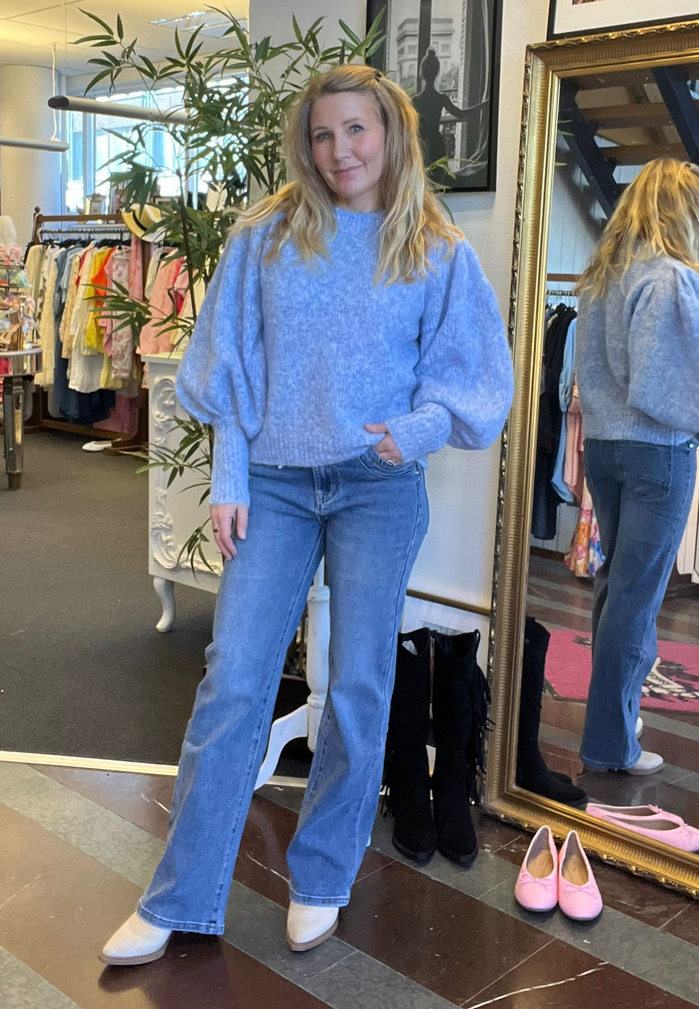 Oceanne - Stickad tröja med ballongärm - Blå - Bild 3
