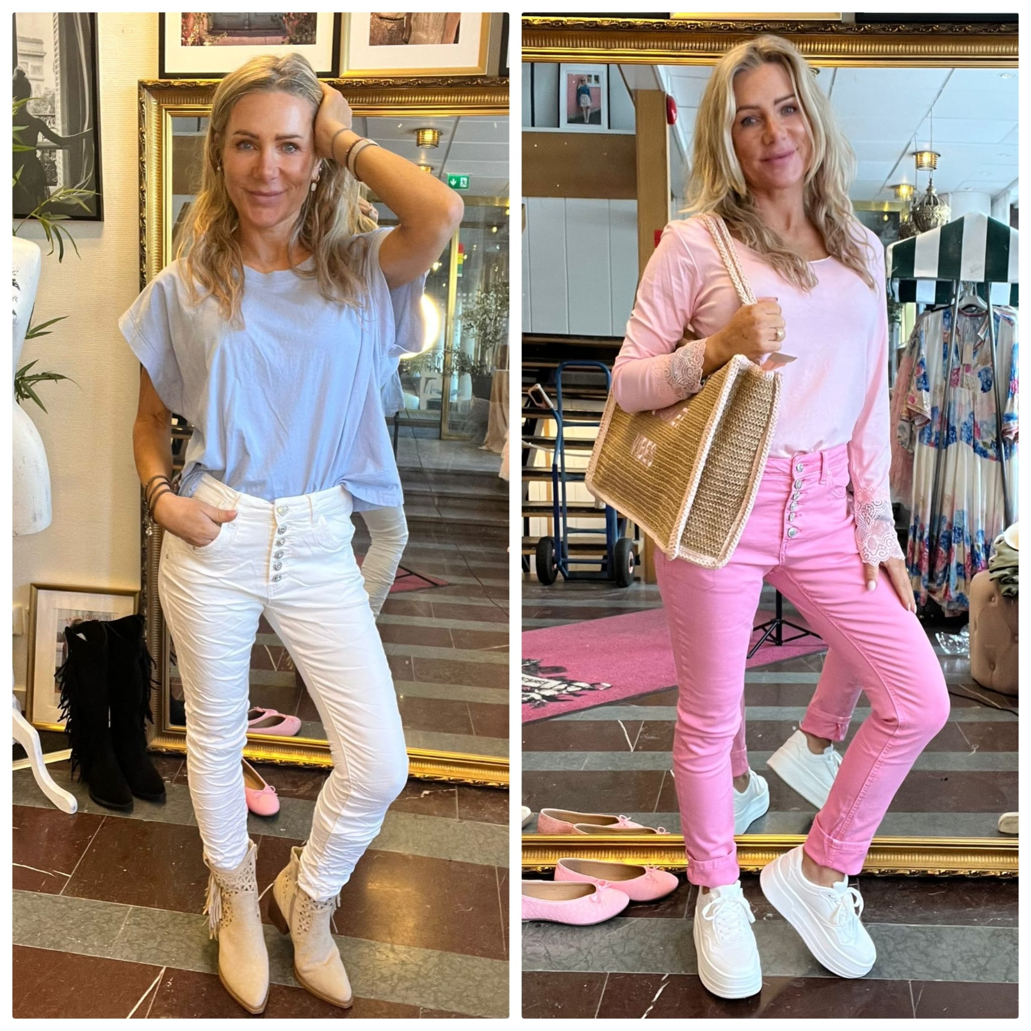 Kvinna poserar och ler i en butiksmiljö, visad i två foton sida vid sida. Till vänster bär hon ljusblå topp och vita byxor; till höger rosa outfit med stråväska, framför spegel och klädställning.