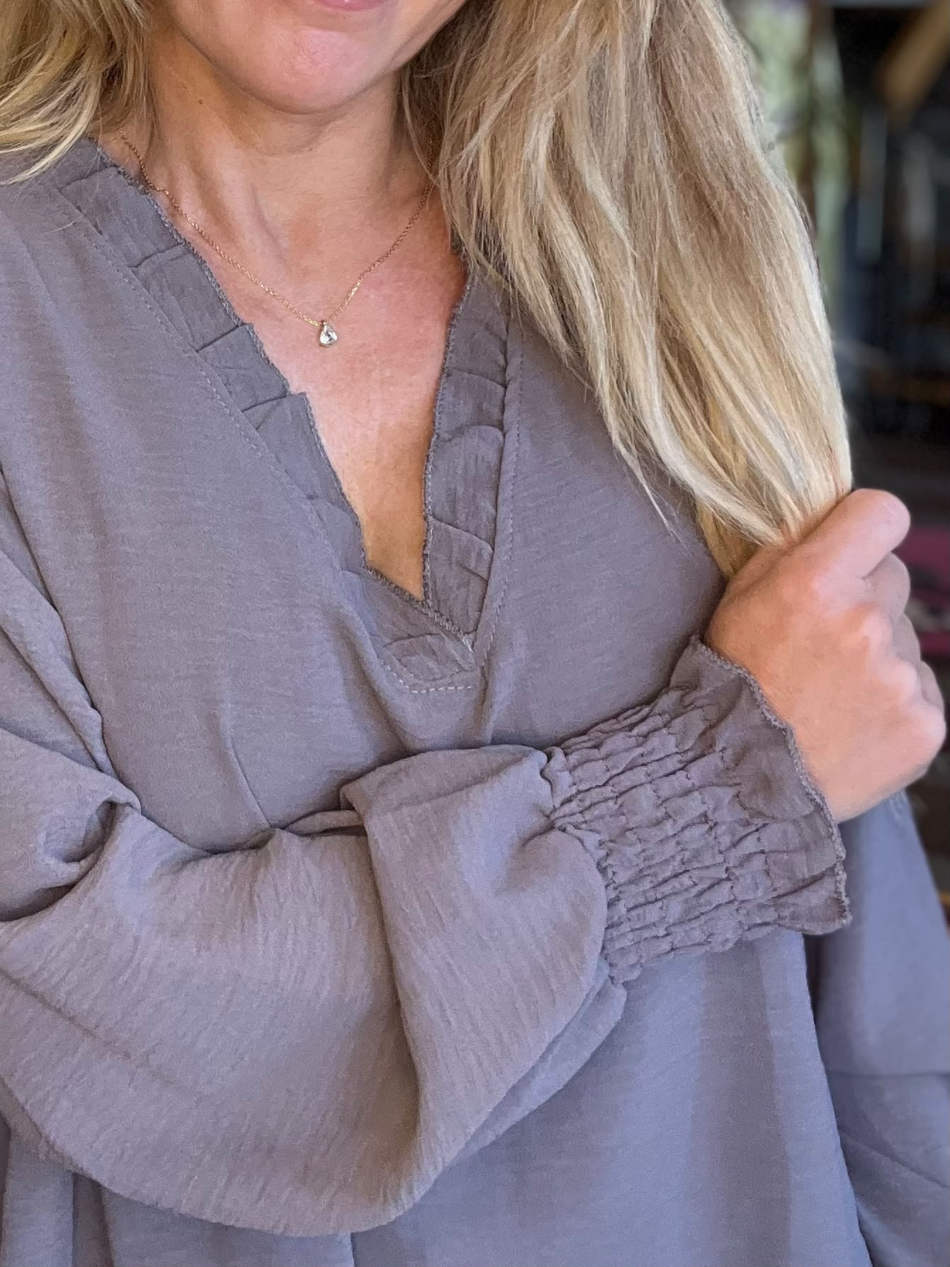 Thea - Blouse with ruffle and elastic sleeves - Taupe - Image 5